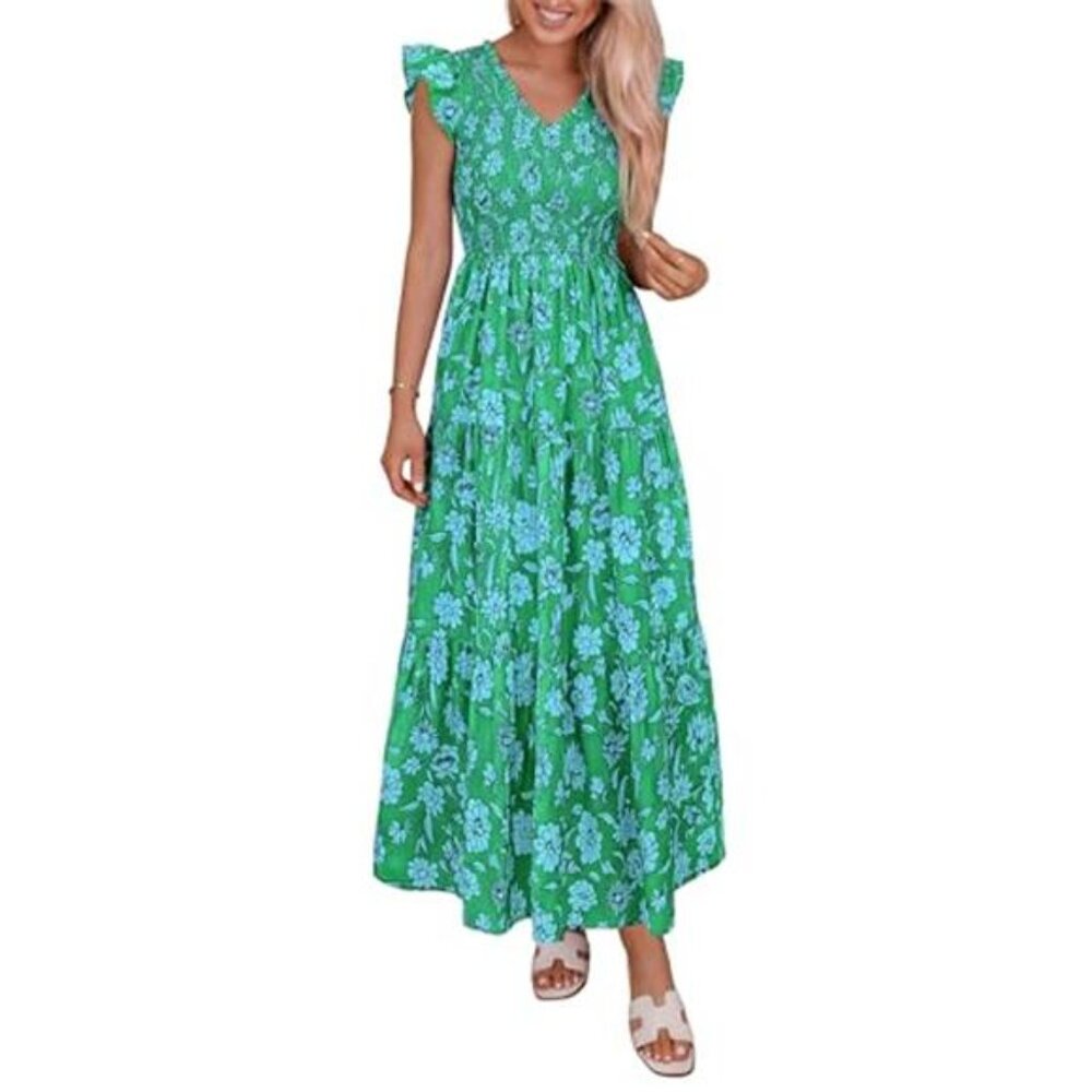 Women's Boho Floral Maxi Dress Summer Smocked V Neck Ruffle Sleeve